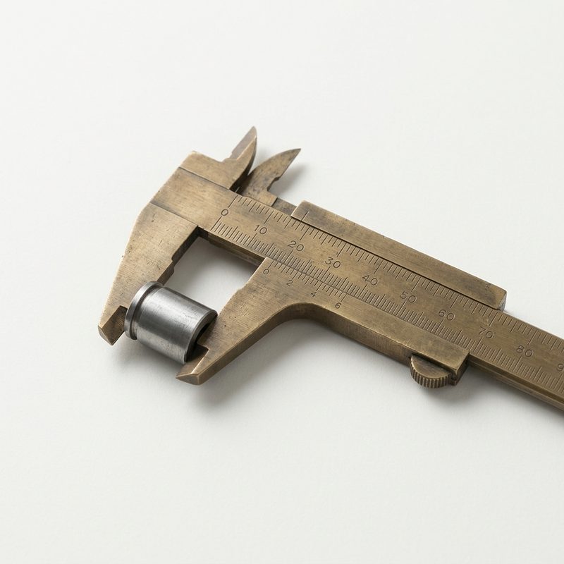 Brass vernier caliper measuring a small machined steel part